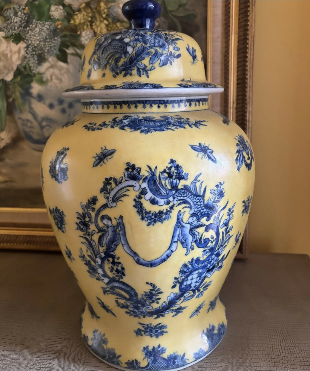 Large Vintage Yellow Ginger Jar Lamp Base with Blue Garland and Putti Motif