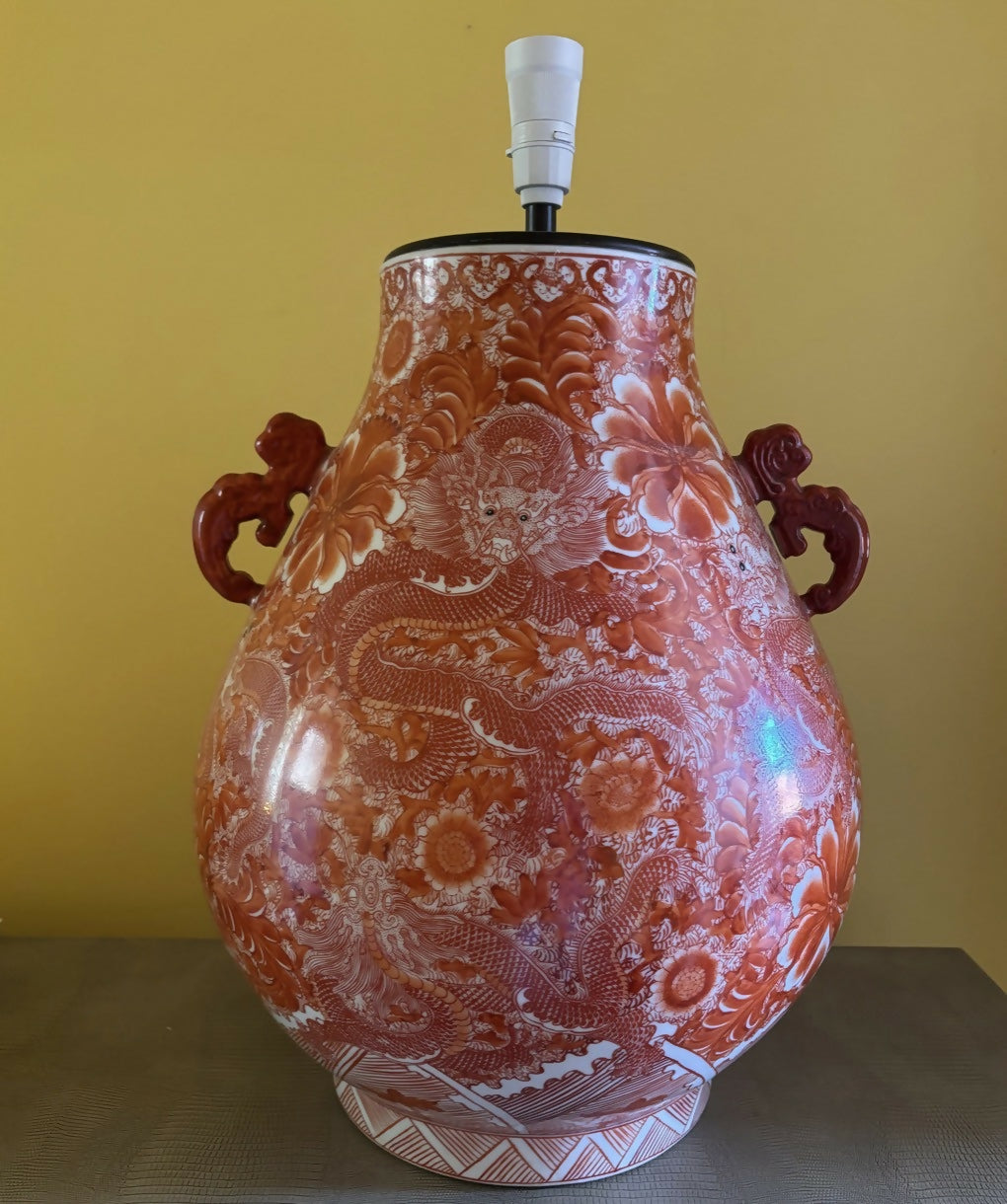 Substantial Vintage Chinese Orange Porcelain Lamp with Dragons