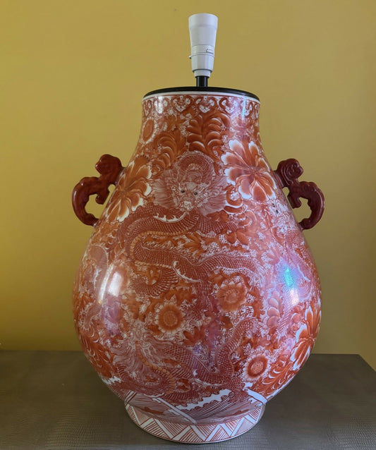 Substantial Vintage Chinese Orange Porcelain Lamp with Dragons