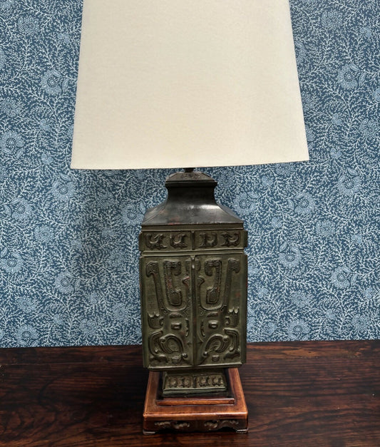 Vintage Mythological Motif Pagoda Top Bronze Lamp Base
