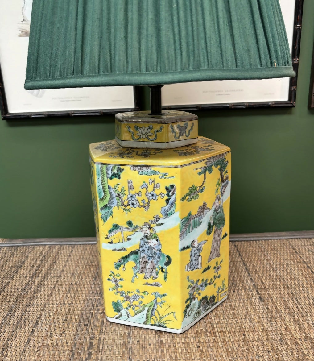 Vintage Yellow Hexagonal Chinoiserie Lamp Base (Pair Available)