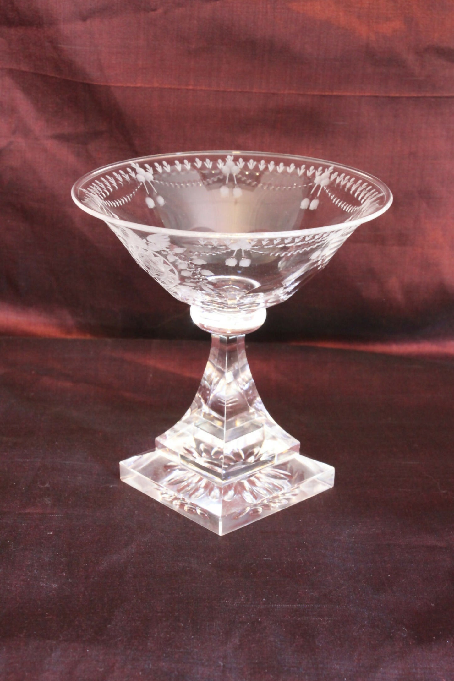 Engraved glass sweetmeats bowl.