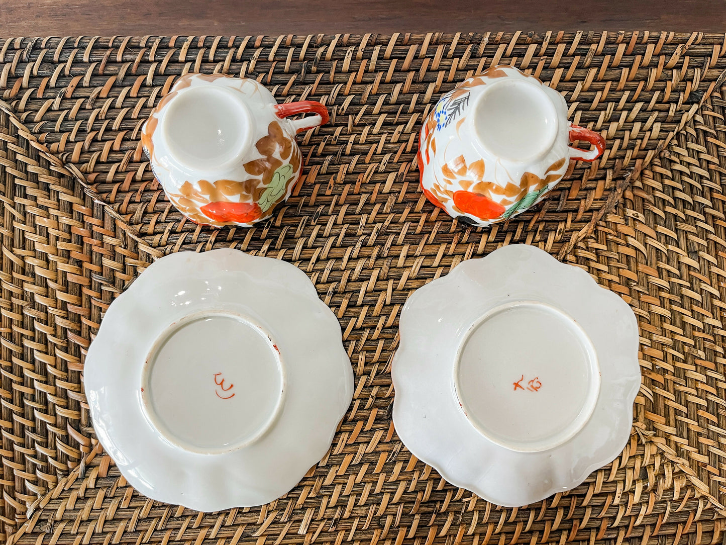 Vintage Japanese Imari Hand Painted Floral Porcelain Tea Cup & Saucer Set of 2