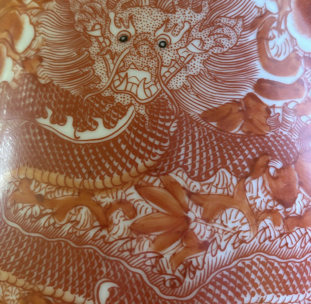 Substantial Vintage Chinese Orange Porcelain Lamp with Dragons