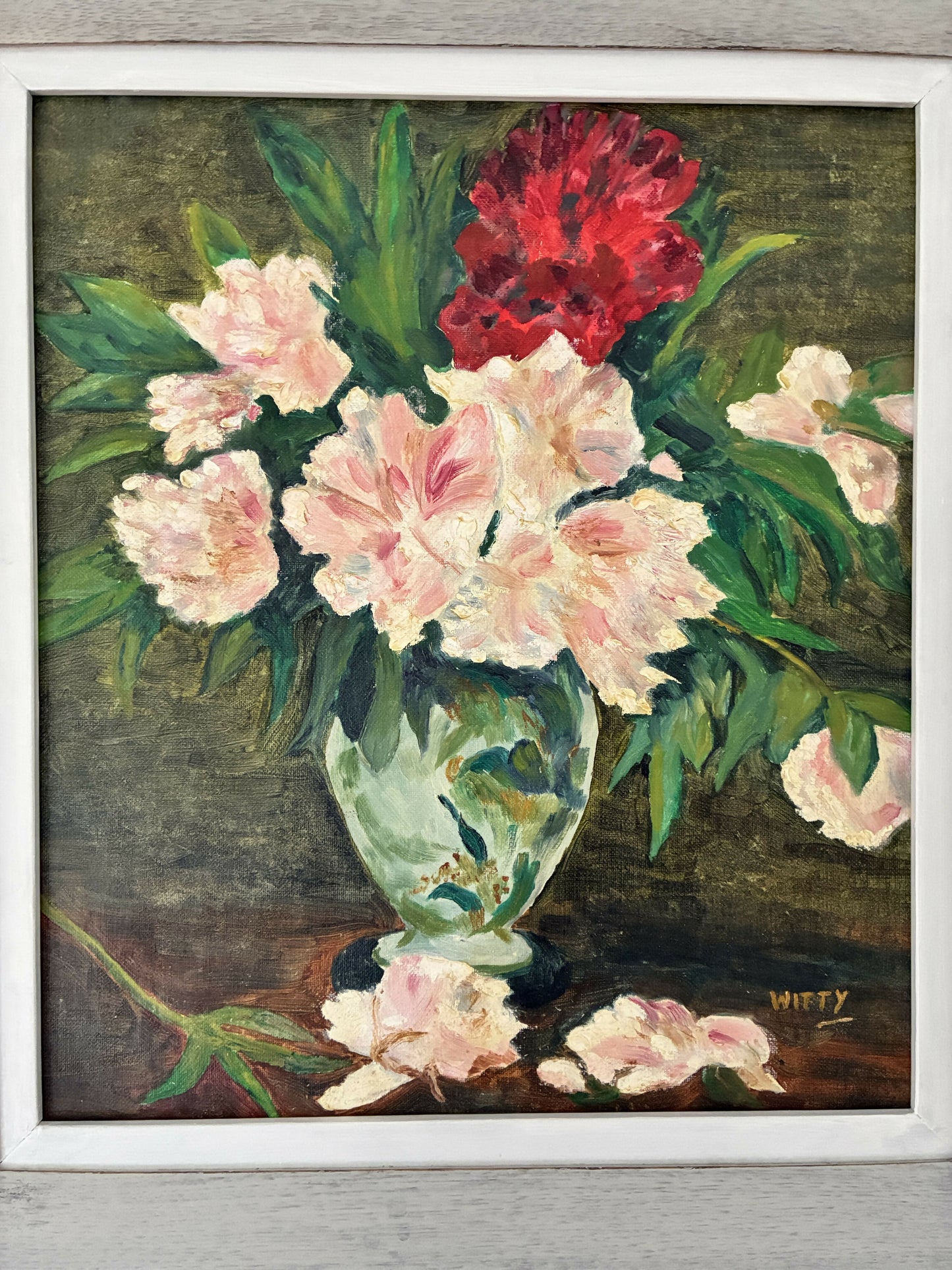 Vase of Peonies in distressed frame