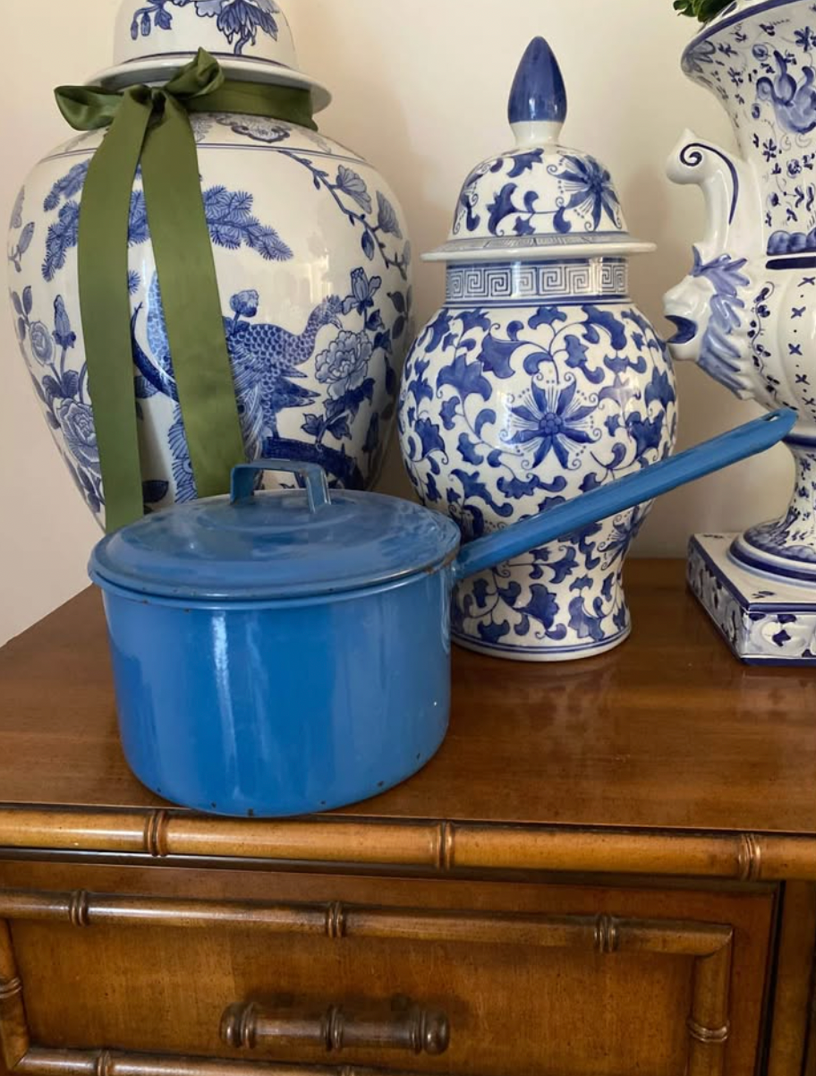Vintage enamel blue saucepan with lid