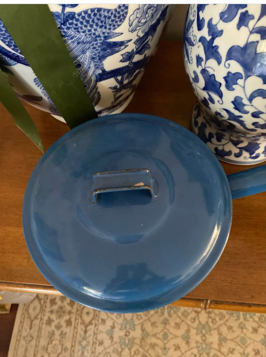 Vintage enamel blue saucepan with lid
