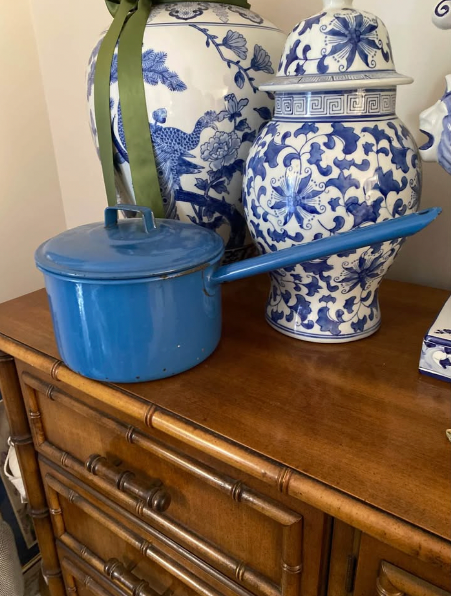 Vintage enamel blue saucepan with lid