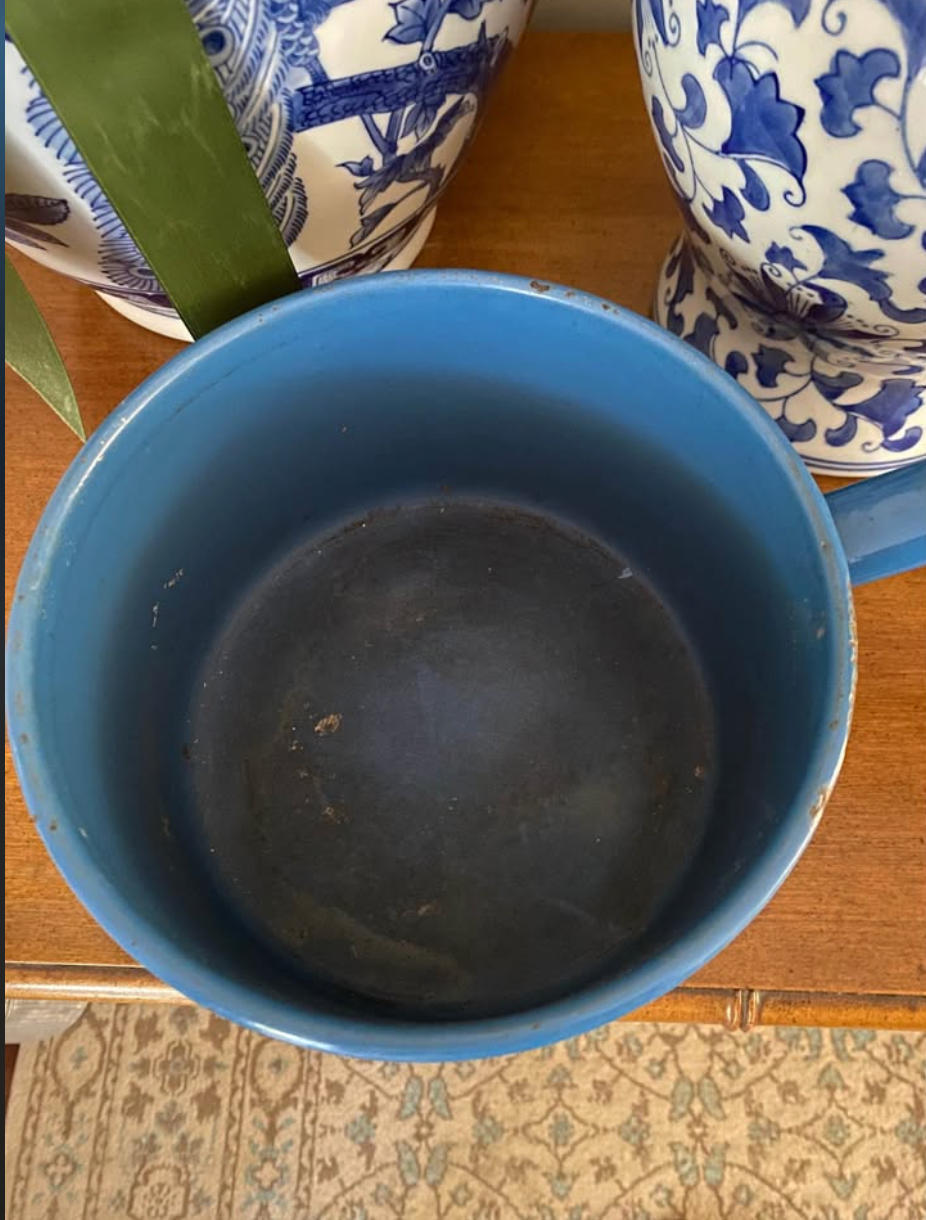 Vintage enamel blue saucepan with lid