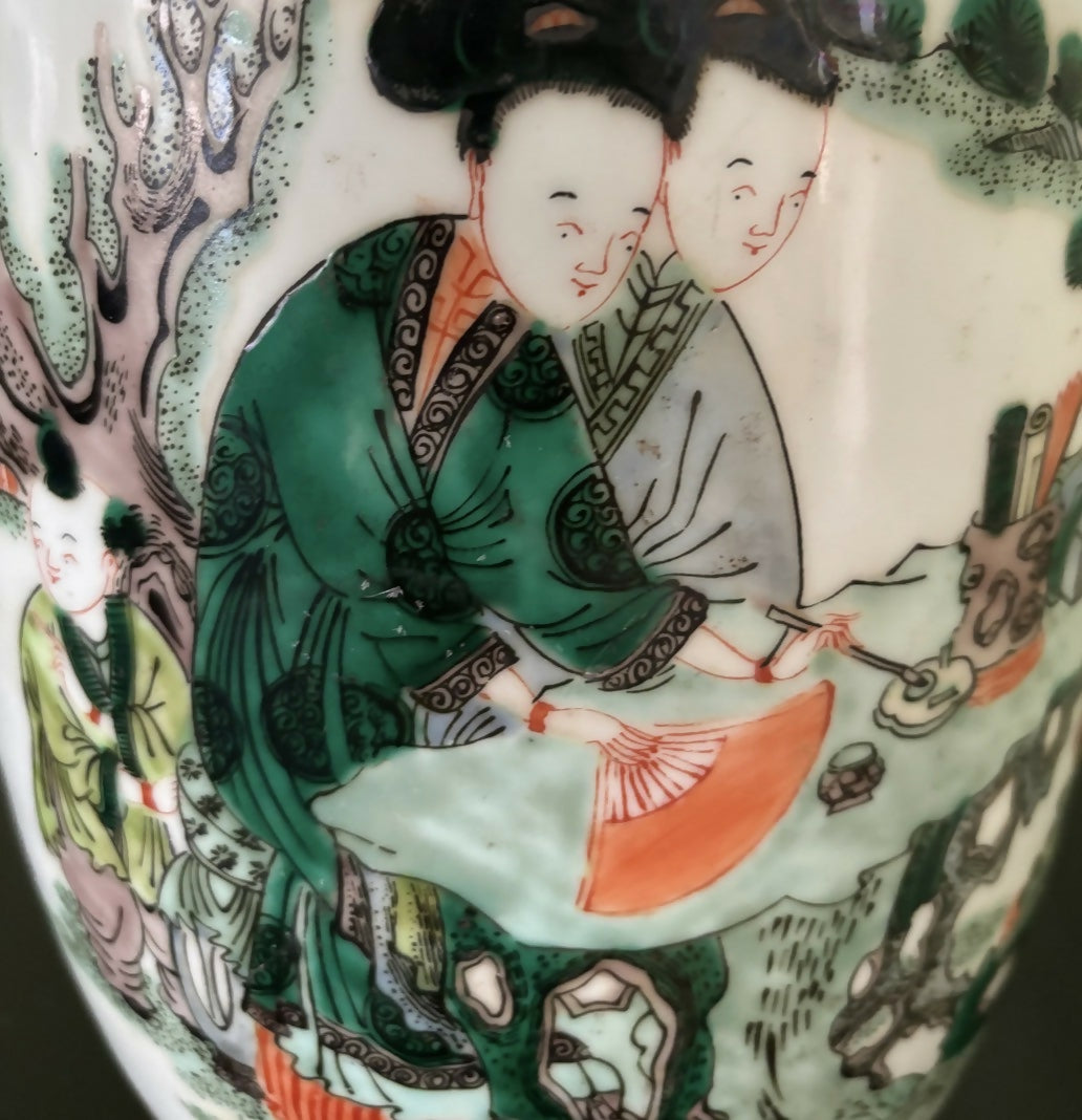 Vintage Chinese Porcelain Lamp with Green and Orange Figurative Motif