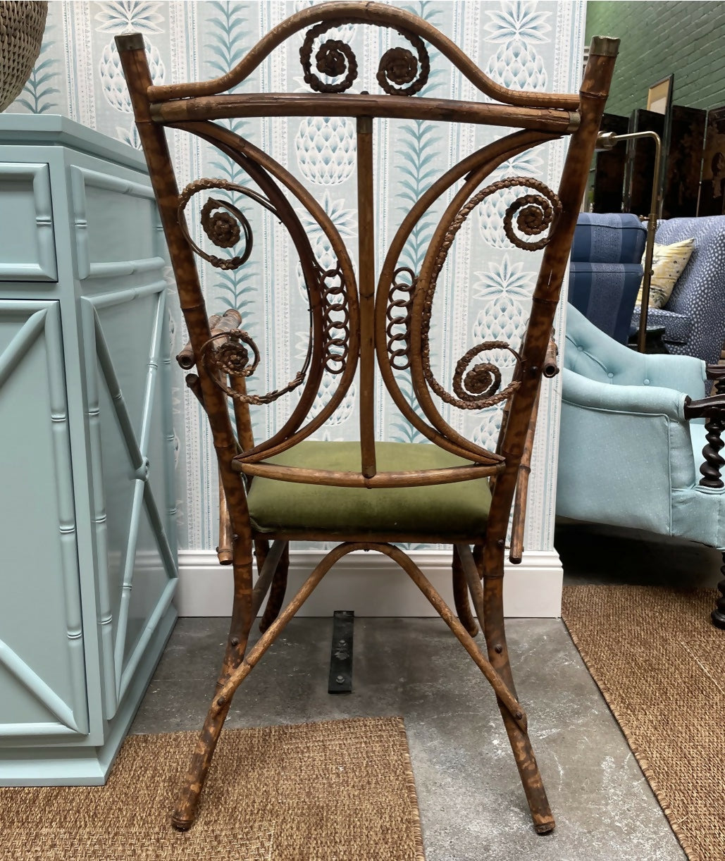 Pair of Vintage Rattan Chairs with Original Green Velvet Seats