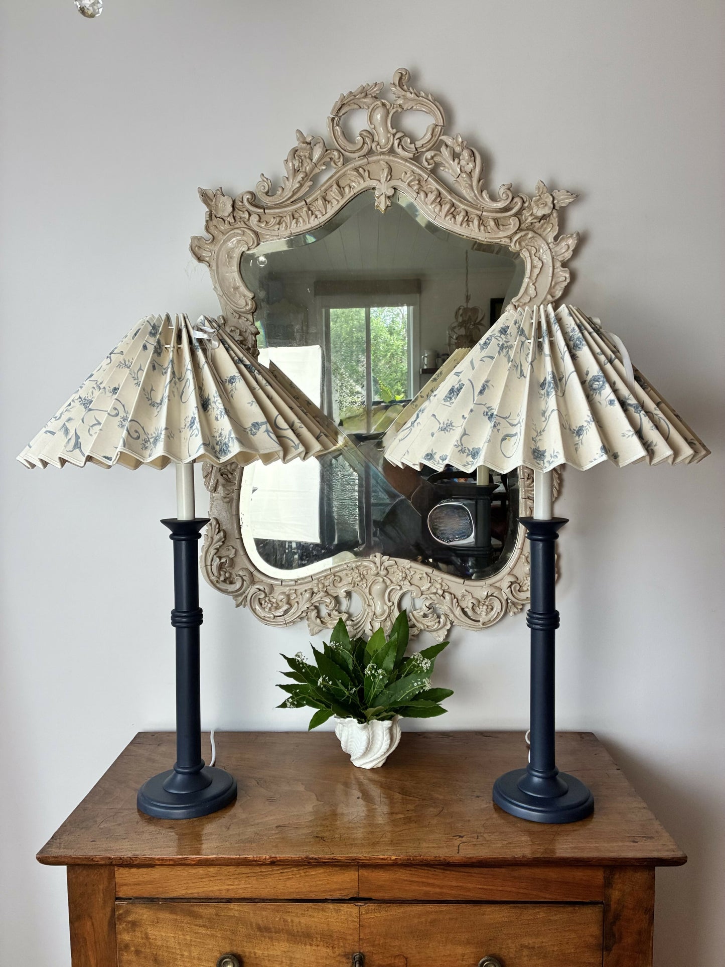 Pair of Blue Candlestick lamps with vintage pleated shades