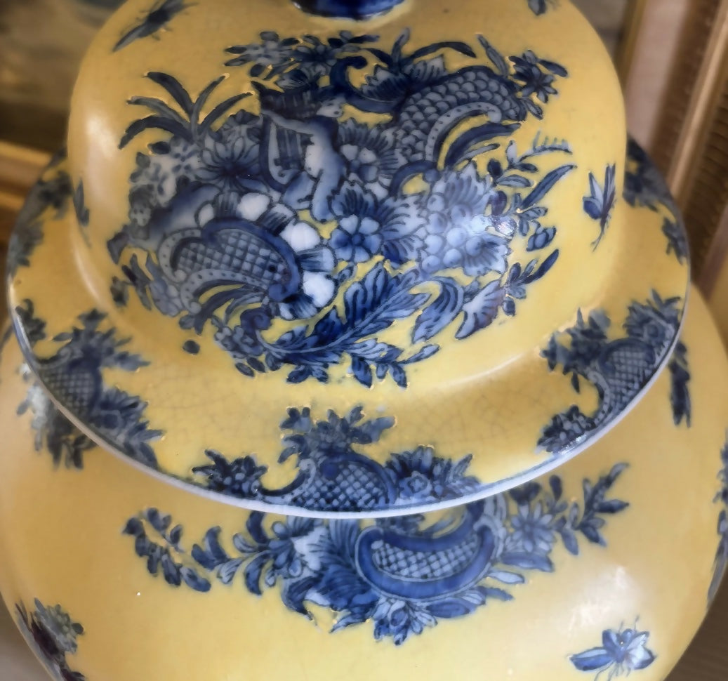 Large Vintage Yellow Ginger Jar Lamp Base with Blue Garland and Putti Motif