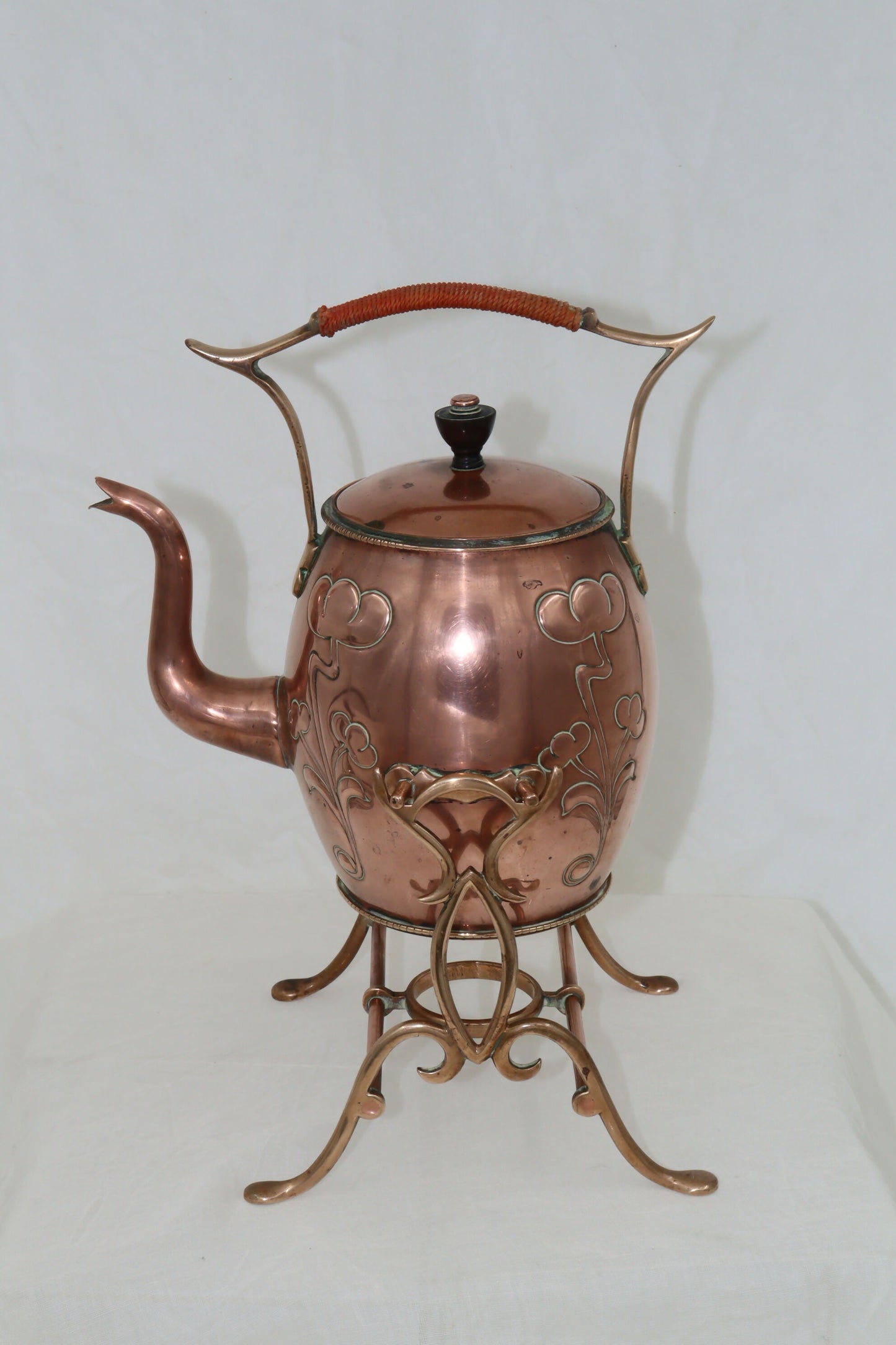 Art Nouveau copper and brass spirit kettle on stand