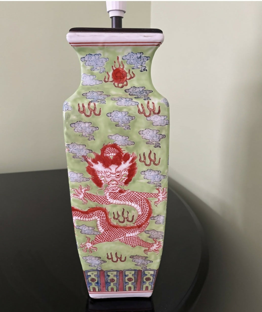 Vintage Chinese Green Porcelain Lamp with Orange Dragon Motif
