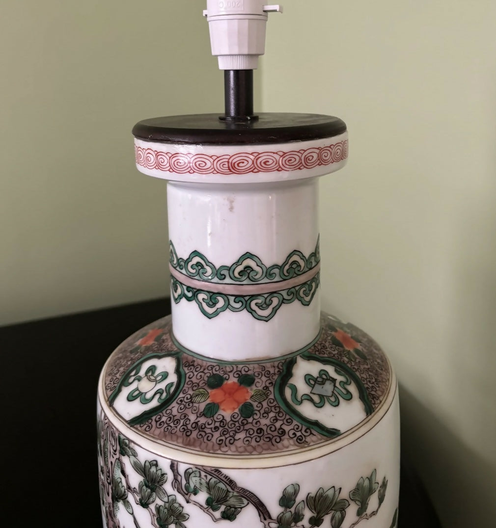 Vintage Chinese Porcelain Lamp with Green and Orange Figurative Motif