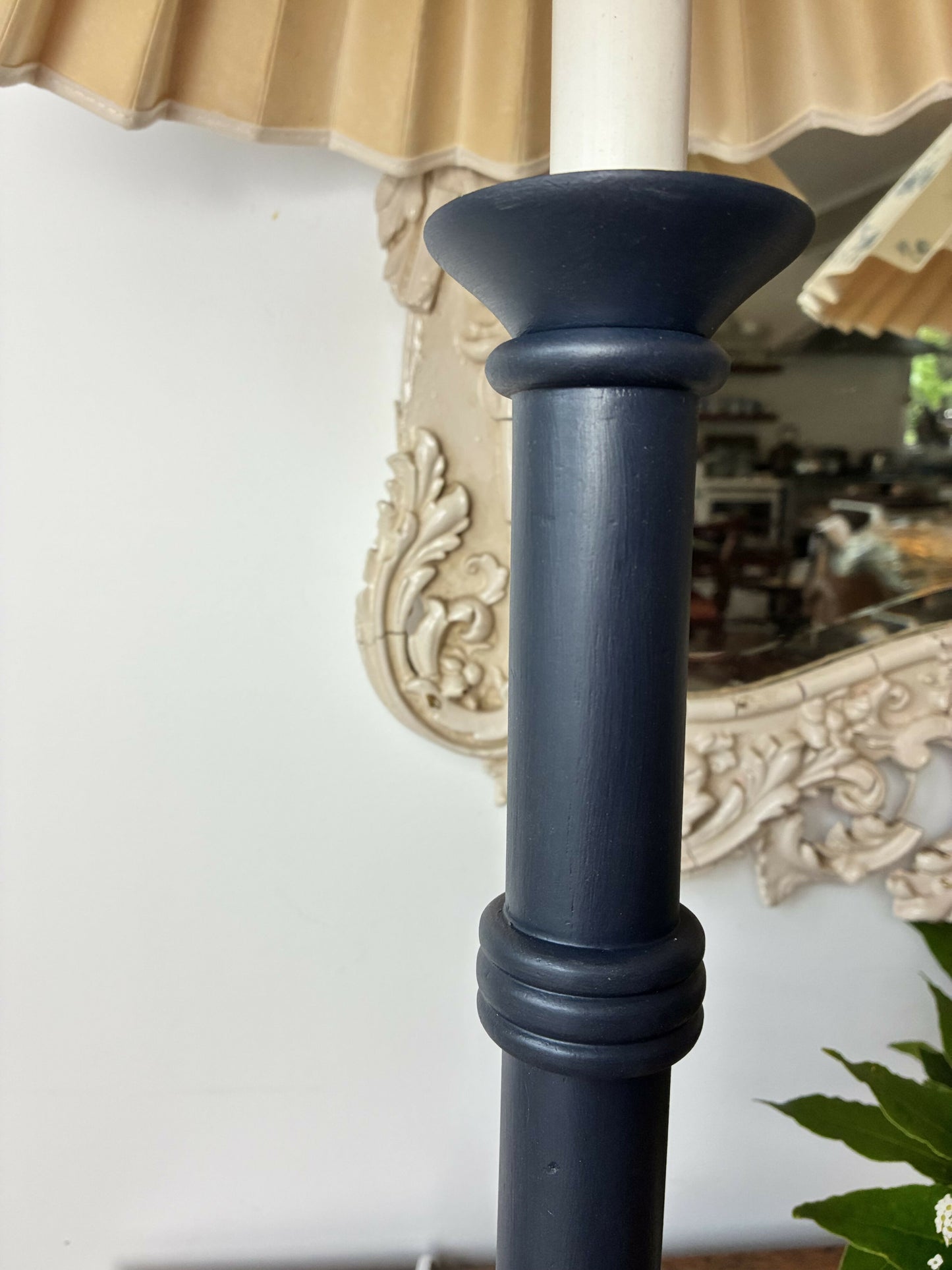 Pair of Blue Candlestick lamps with vintage pleated shades