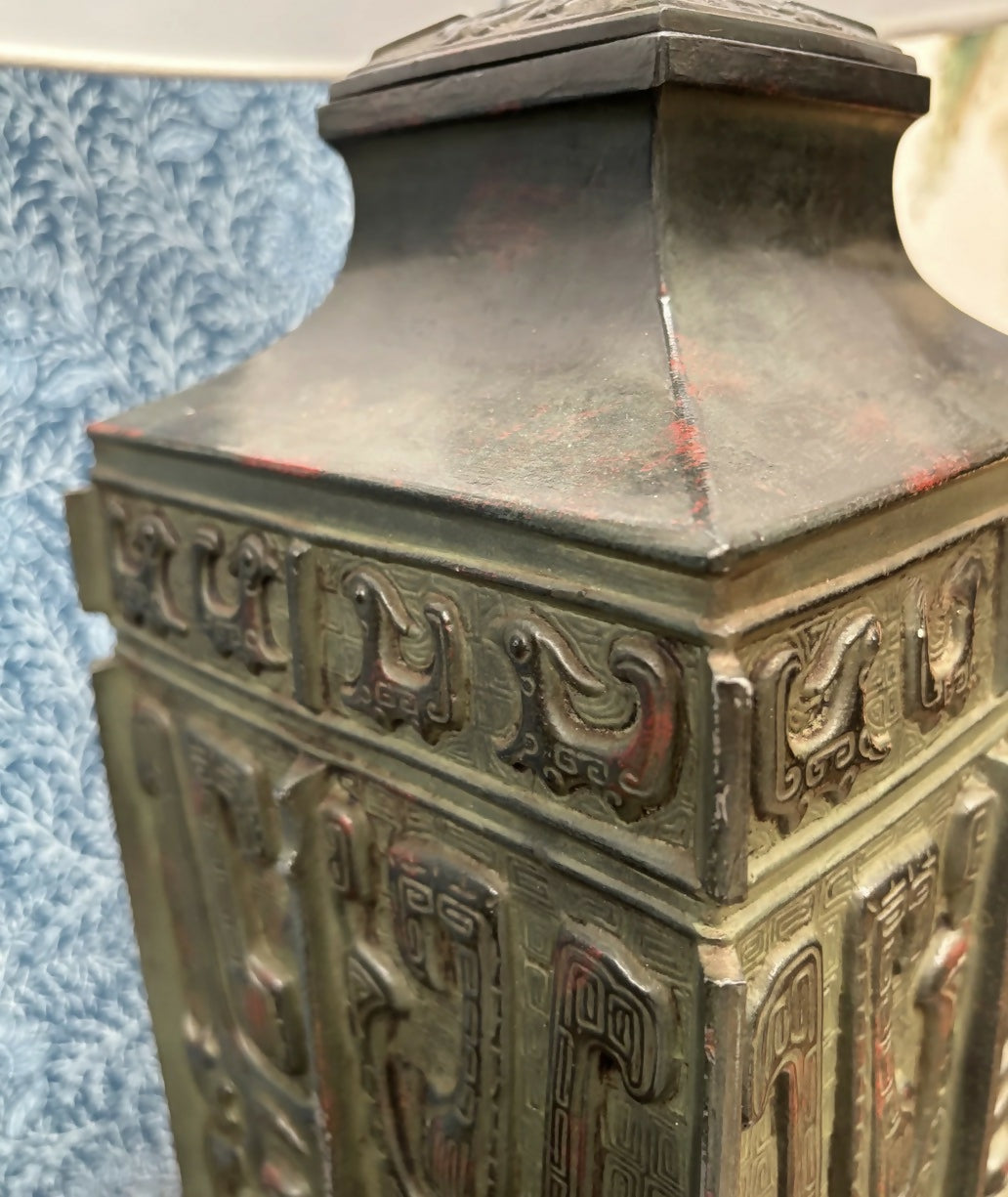 Vintage Mythological Motif Pagoda Top Bronze Lamp Base
