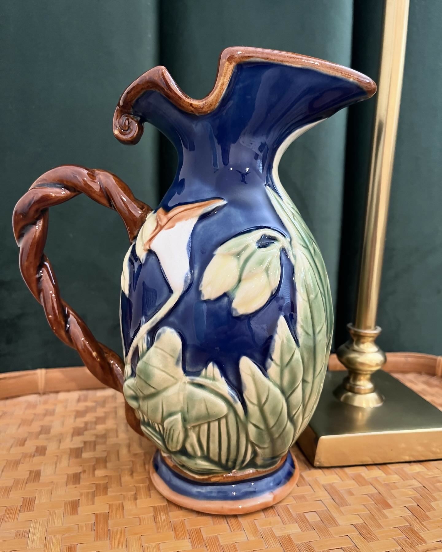 Vintage Art Deco Majolica Hand Painted Stoneware Pitcher by Henriksen Imports