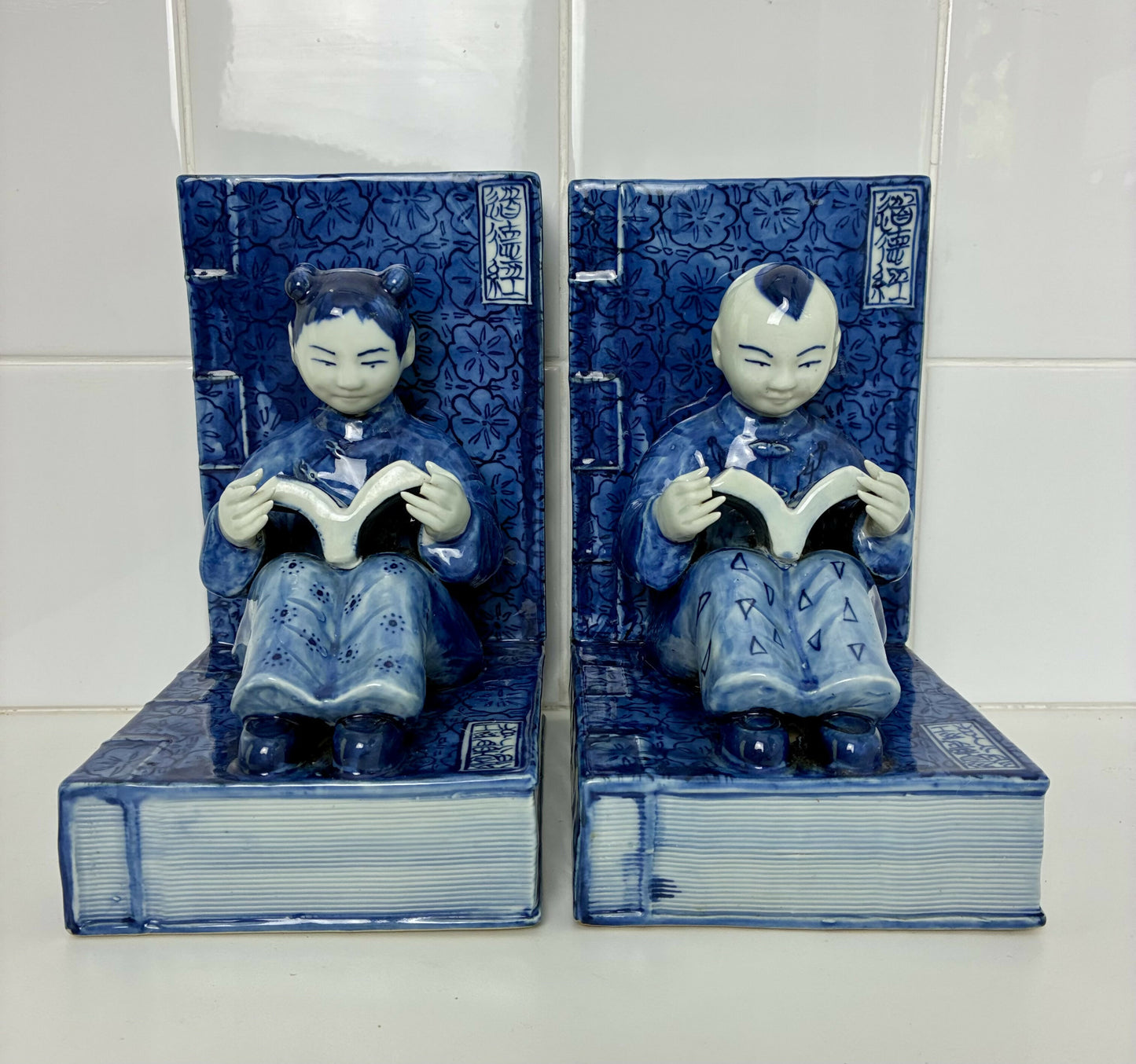 Chinese Nanking Porcelain Figurine Bookends
