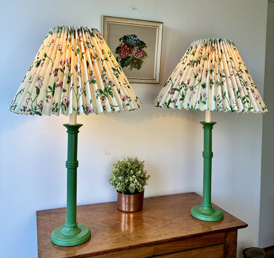 Pair of Green Candlestick Lamps with Pleated Shades