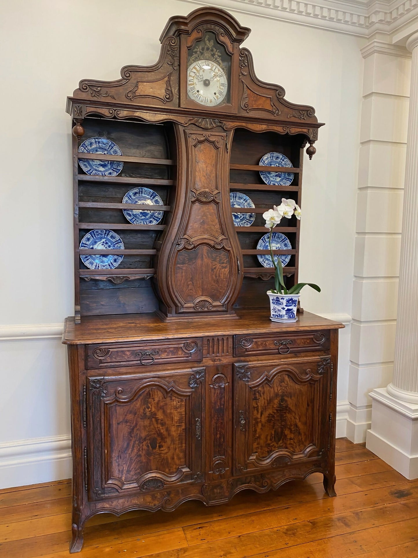 18th Century Walnut and Oak Buffet Vaisellier with Clock