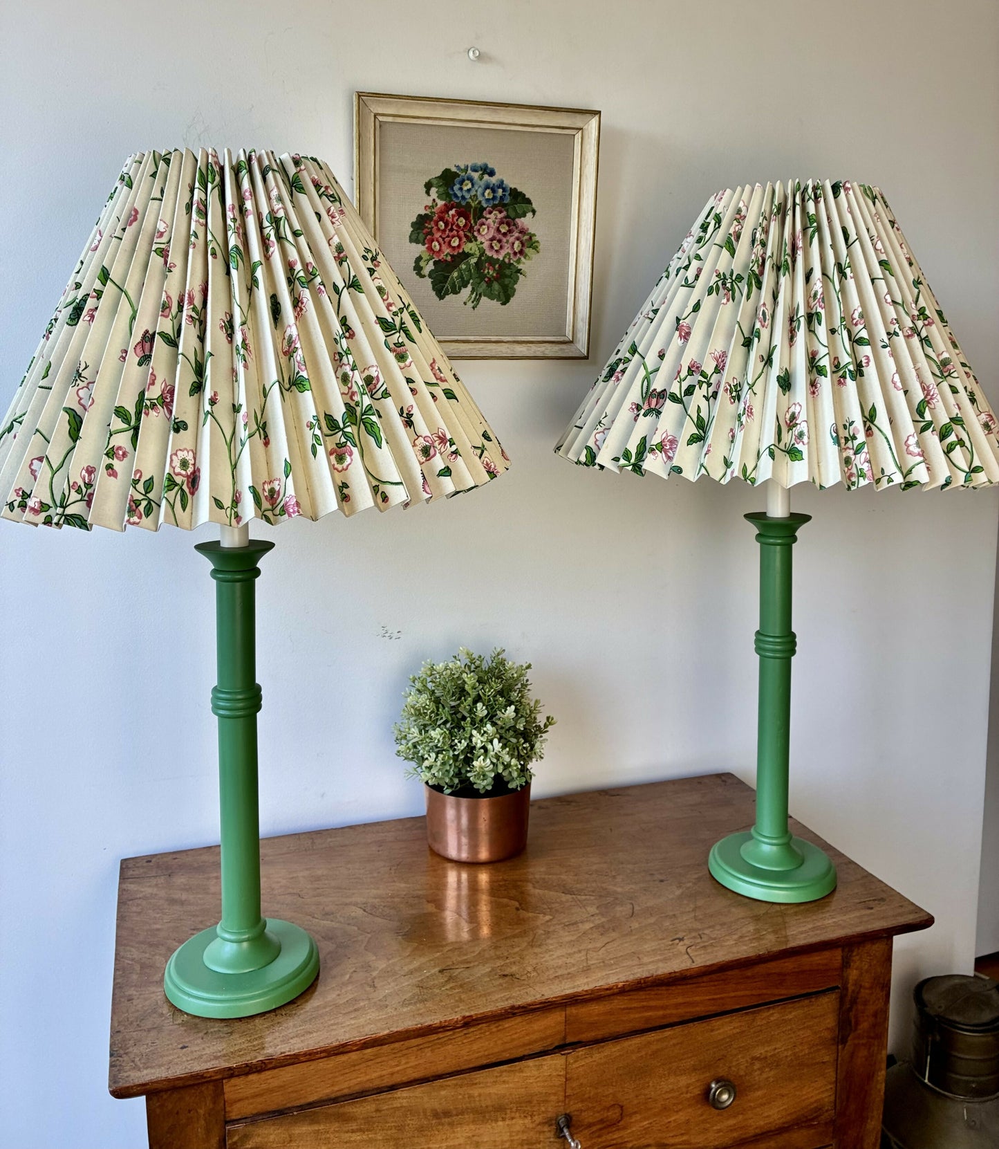 Pair of Green Candlestick Lamps with Pleated Shades