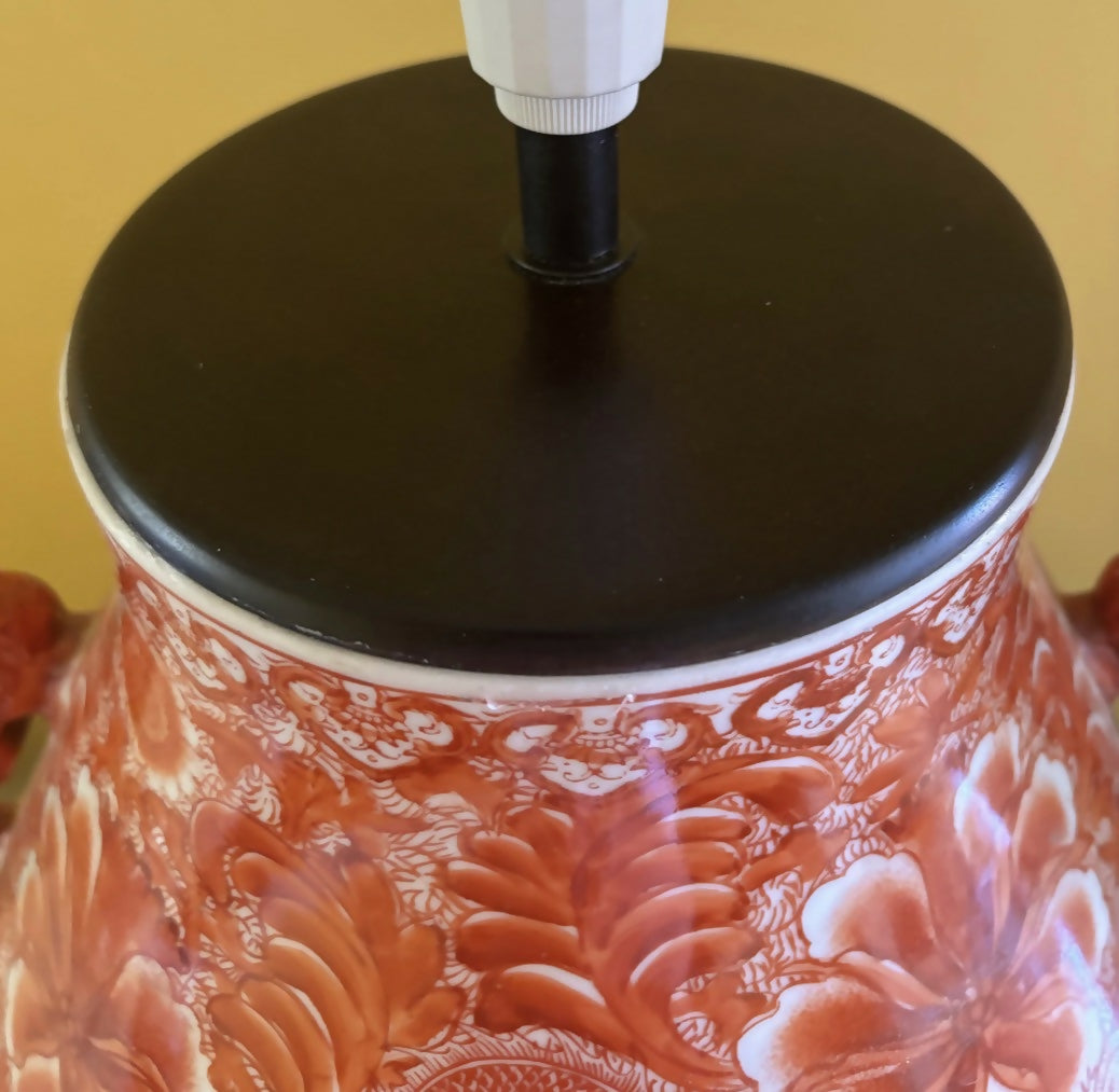Substantial Vintage Chinese Orange Porcelain Lamp with Dragons