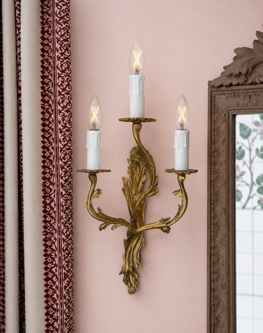 Pair of solid brass rococo wall sconces