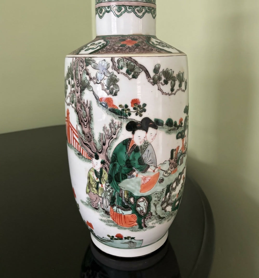 Vintage Chinese Porcelain Lamp with Green and Orange Figurative Motif