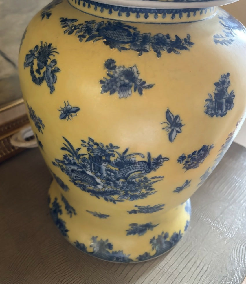 Large Vintage Yellow Ginger Jar Lamp Base with Blue Garland and Putti Motif