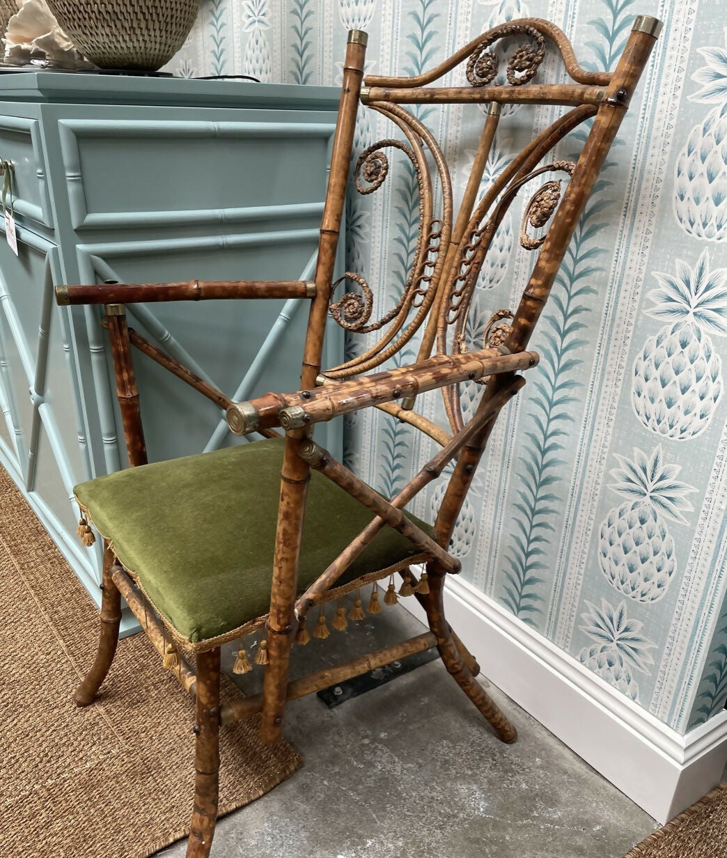 Pair of Vintage Rattan Chairs with Original Green Velvet Seats