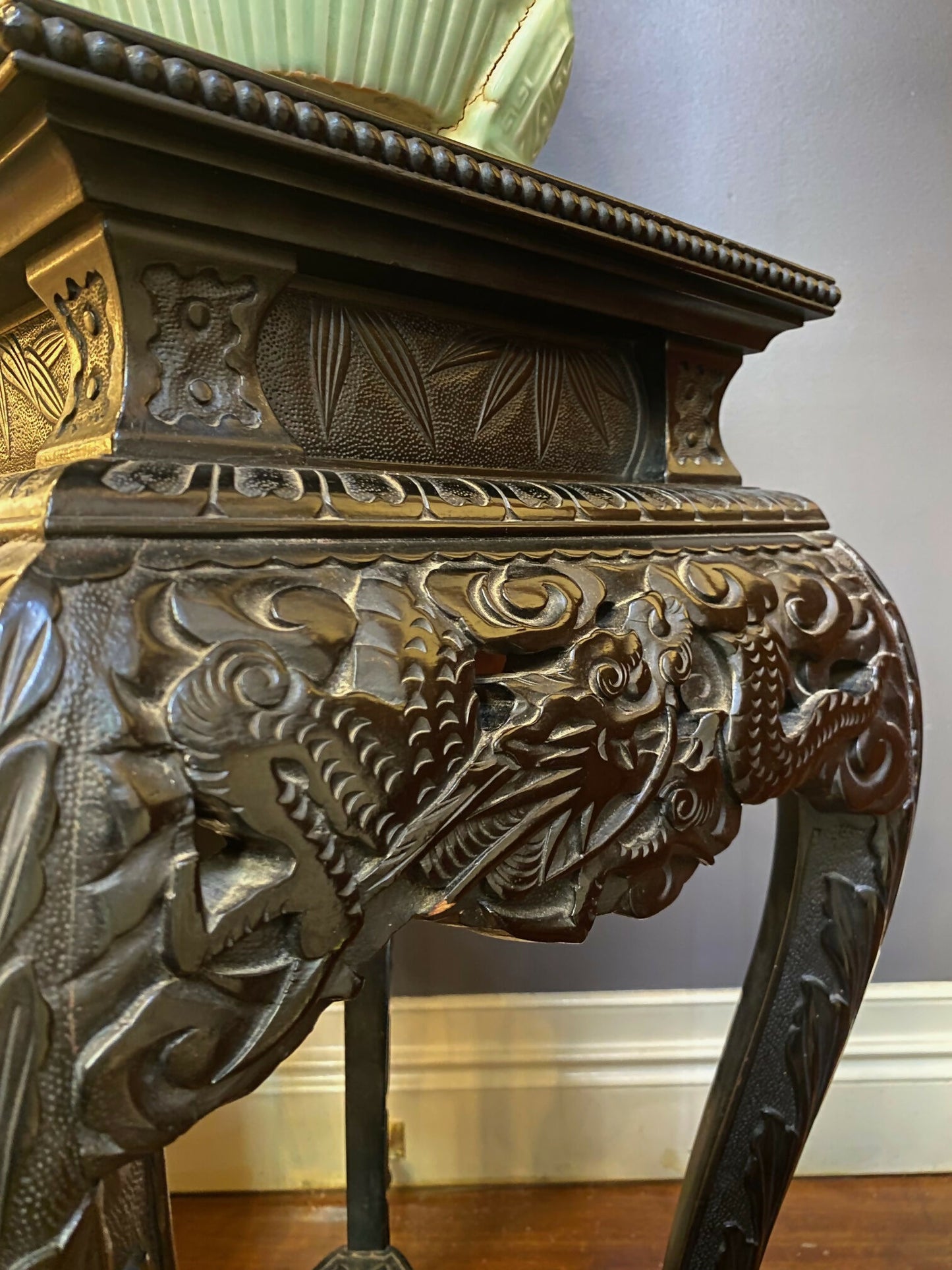 Ebonised Timber Stand with Carved Dragons