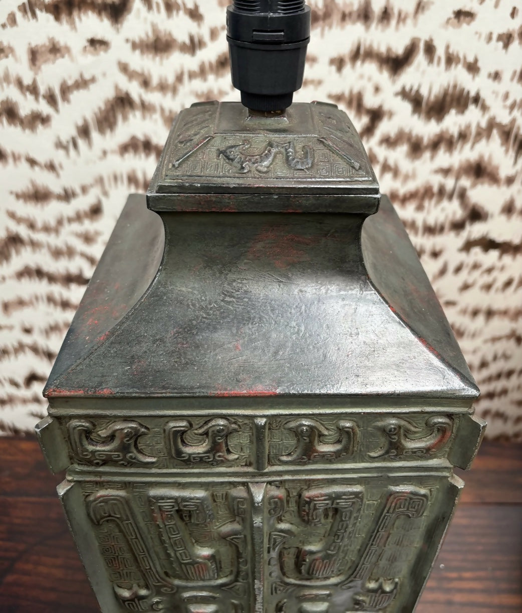 Vintage Mythological Motif Pagoda Top Bronze Lamp Base