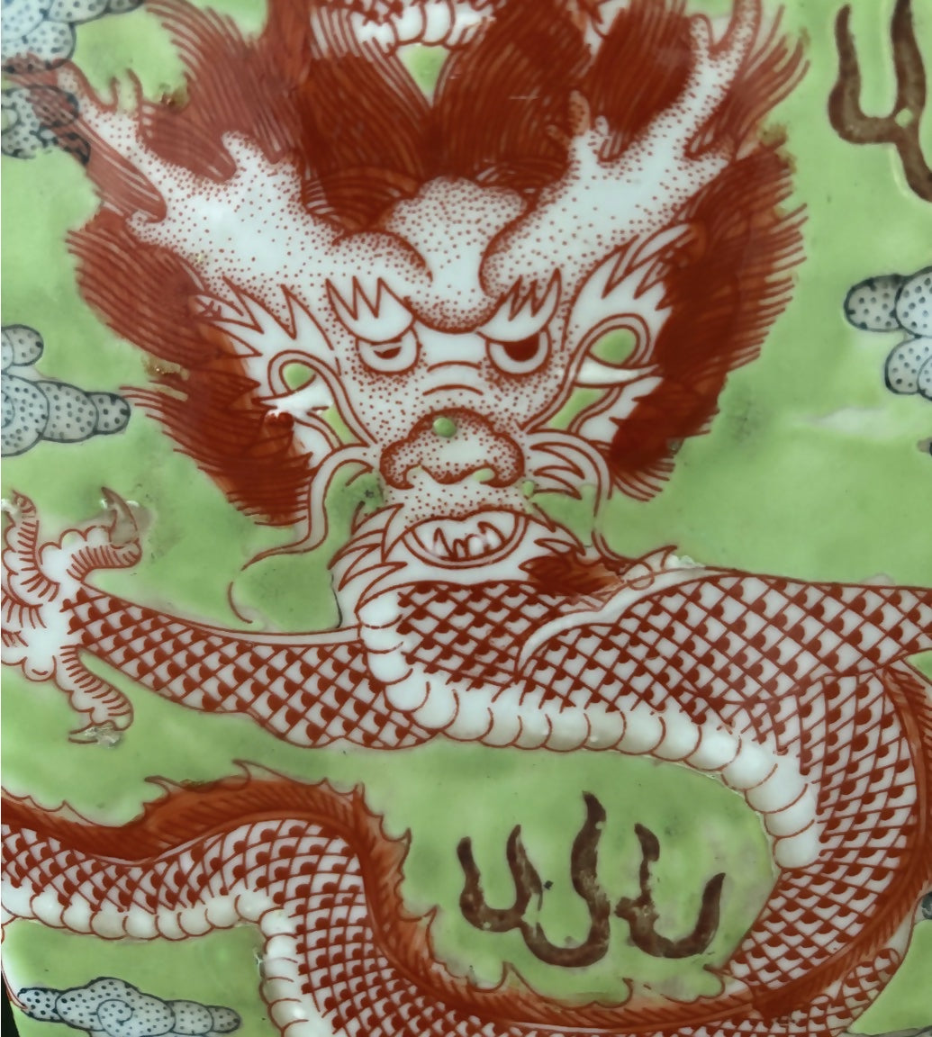 Vintage Chinese Green Porcelain Lamp with Orange Dragon Motif