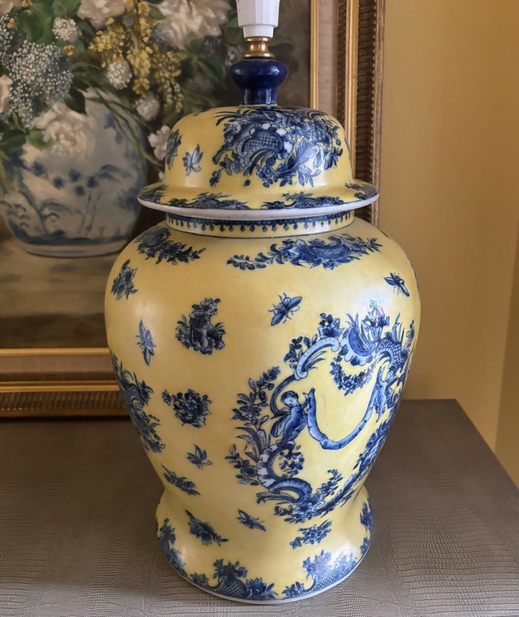 Large Vintage Yellow Ginger Jar Lamp Base with Blue Garland and Putti Motif