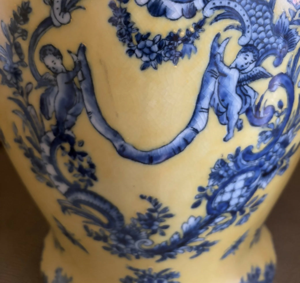 Large Vintage Yellow Ginger Jar Lamp Base with Blue Garland and Putti Motif