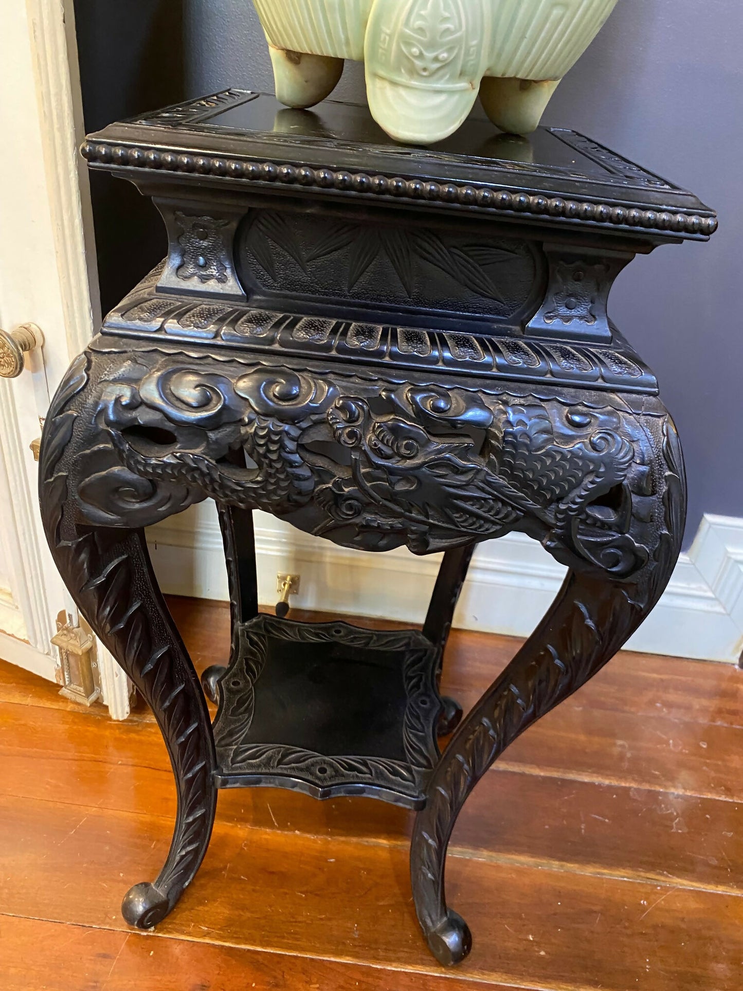 Ebonised Timber Stand with Carved Dragons