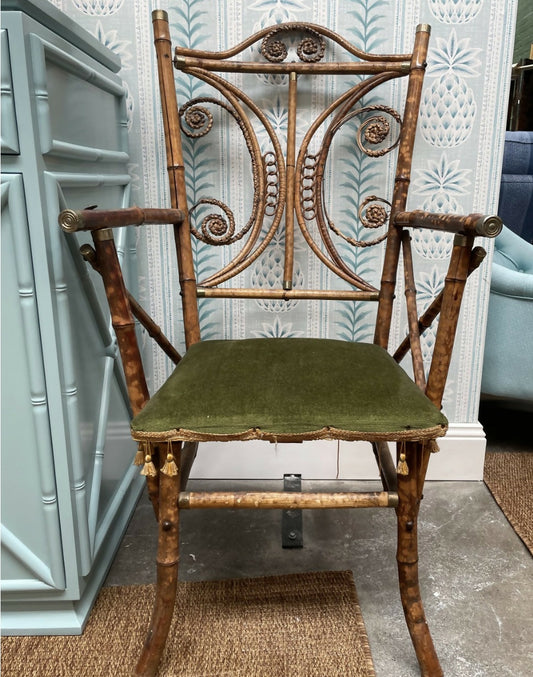 Pair of Vintage Rattan Chairs with Original Green Velvet Seats