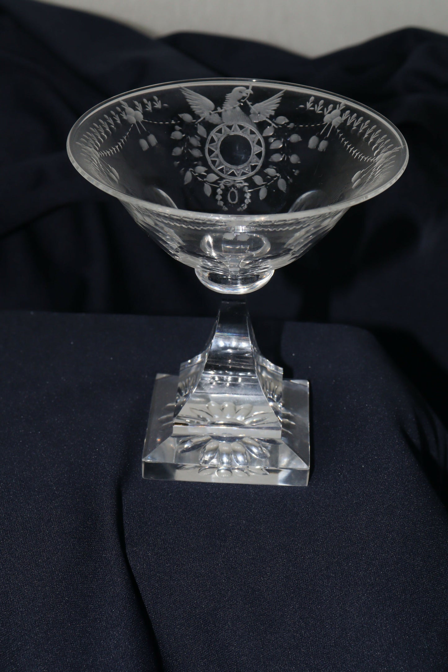 Engraved glass sweetmeats bowl.