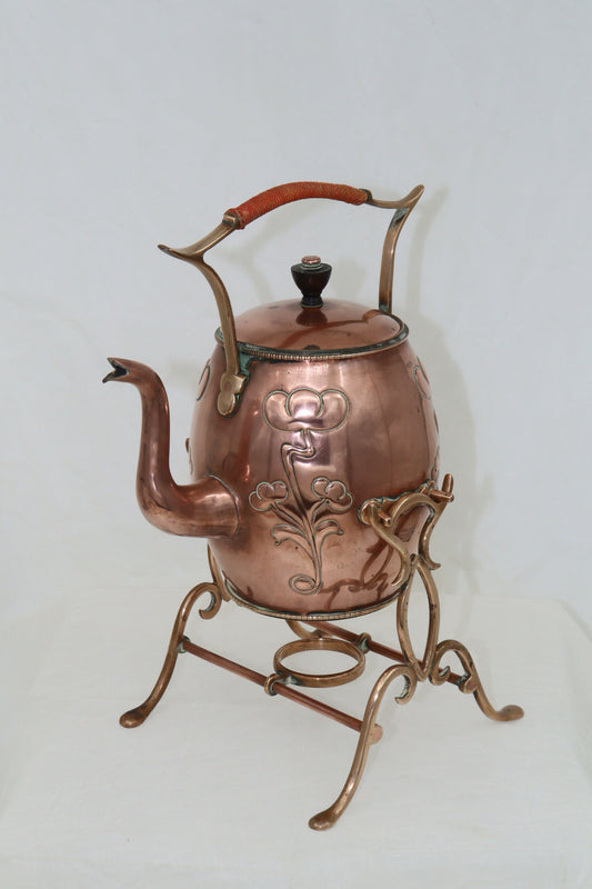 Art Nouveau copper and brass spirit kettle on stand