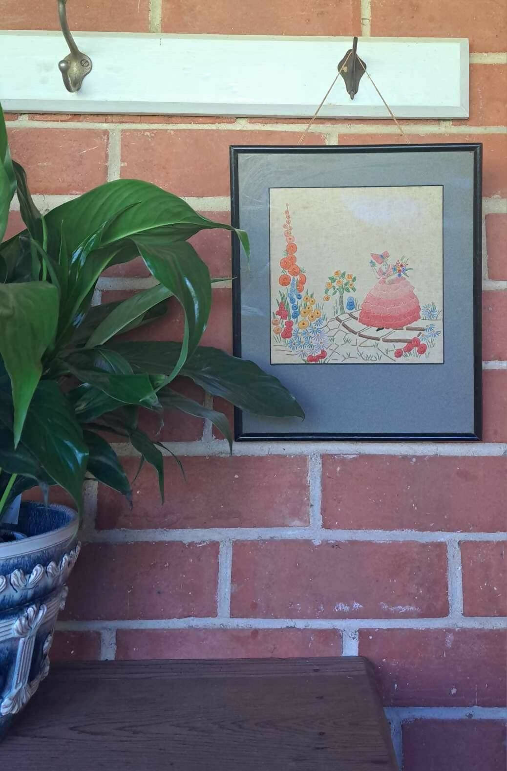 Vintage Framed Pink Lady Embroidery