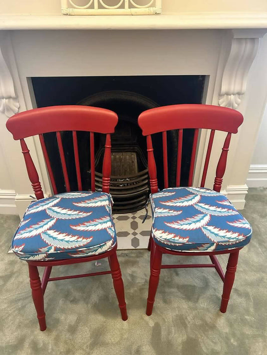 Pair Red Dining chairs with custom designer seat cushions