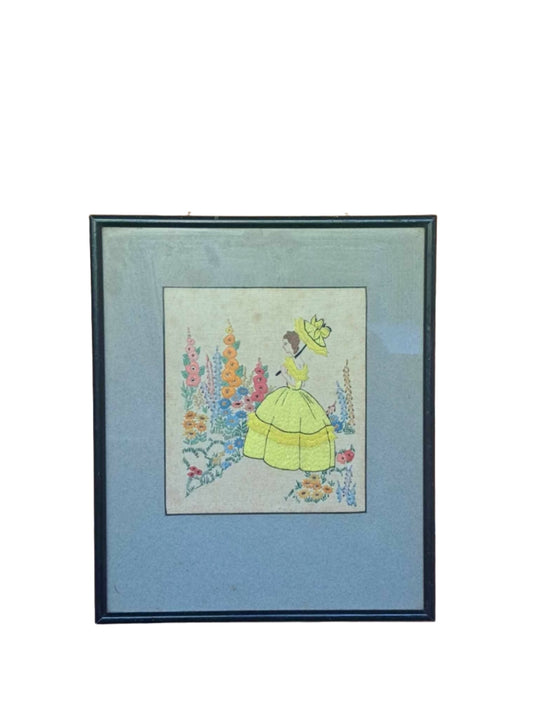 Vintage Framed Yellow Lady Embroidery